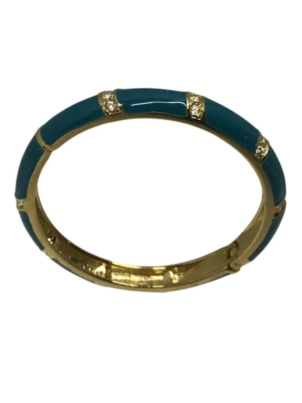 Gold Tone Teal Enamel Rhinestone Accents Vintage Spring Hinged Bangle Bracelet